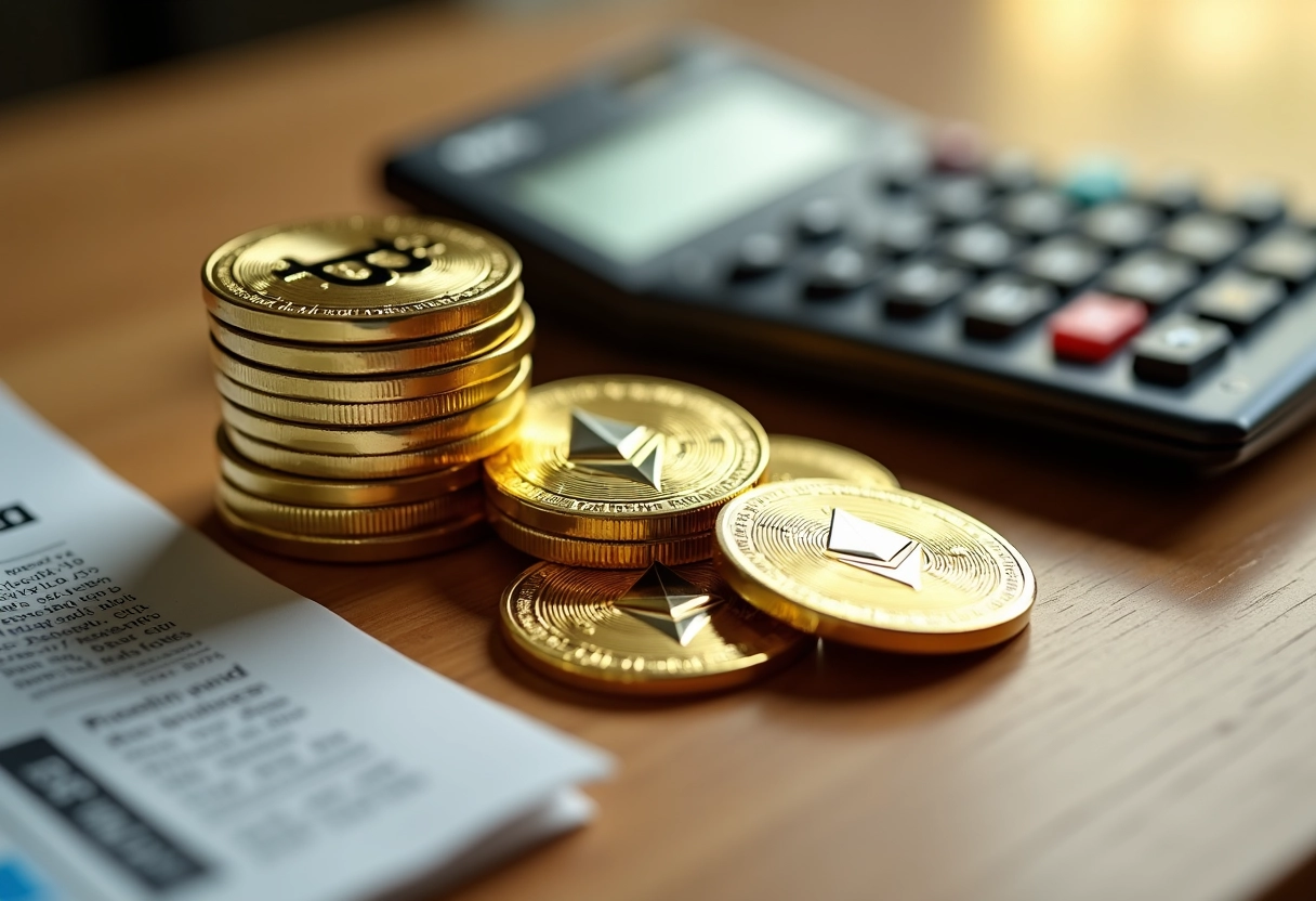 Pièces de crypto en or et argent avec calculatrice sur table en bois