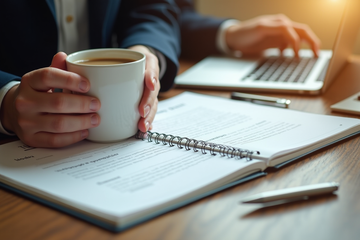 Planificateur ouvert avec café et contrat de prêt immobilier
