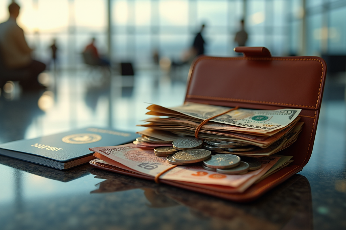 Portefeuille en cuir avec billets et monnaies à l