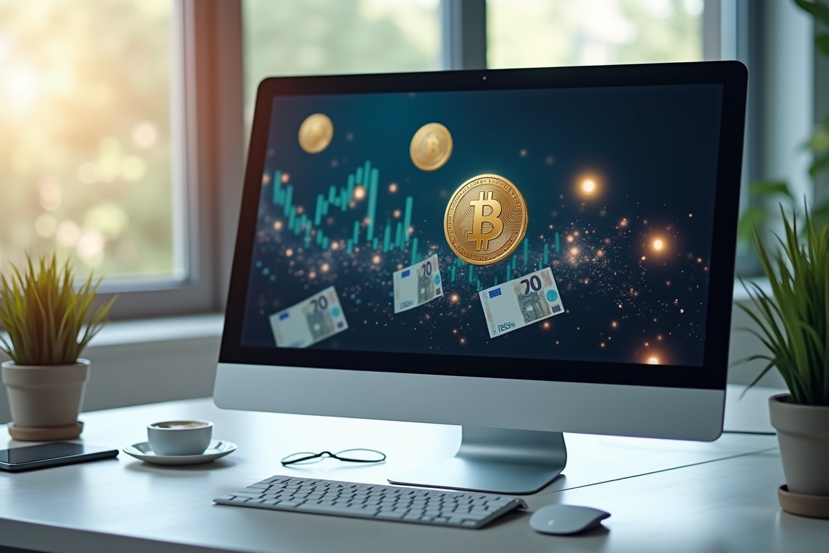 Application de portefeuille numérique avec symboles crypto et billets euros