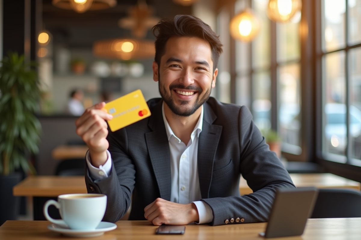 Homme souriant tenant une carte Mastercard en or dans un café moderne