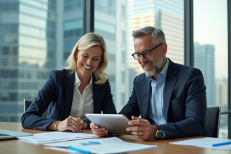 Couple professionnel en réunion d'investissement dans un bureau moderne