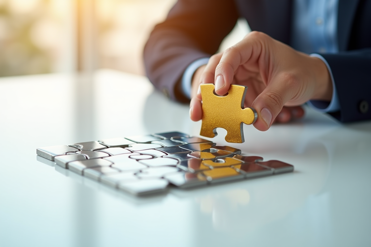 Main plaçant une pièce d or dans un puzzle en argent sur un bureau blanc