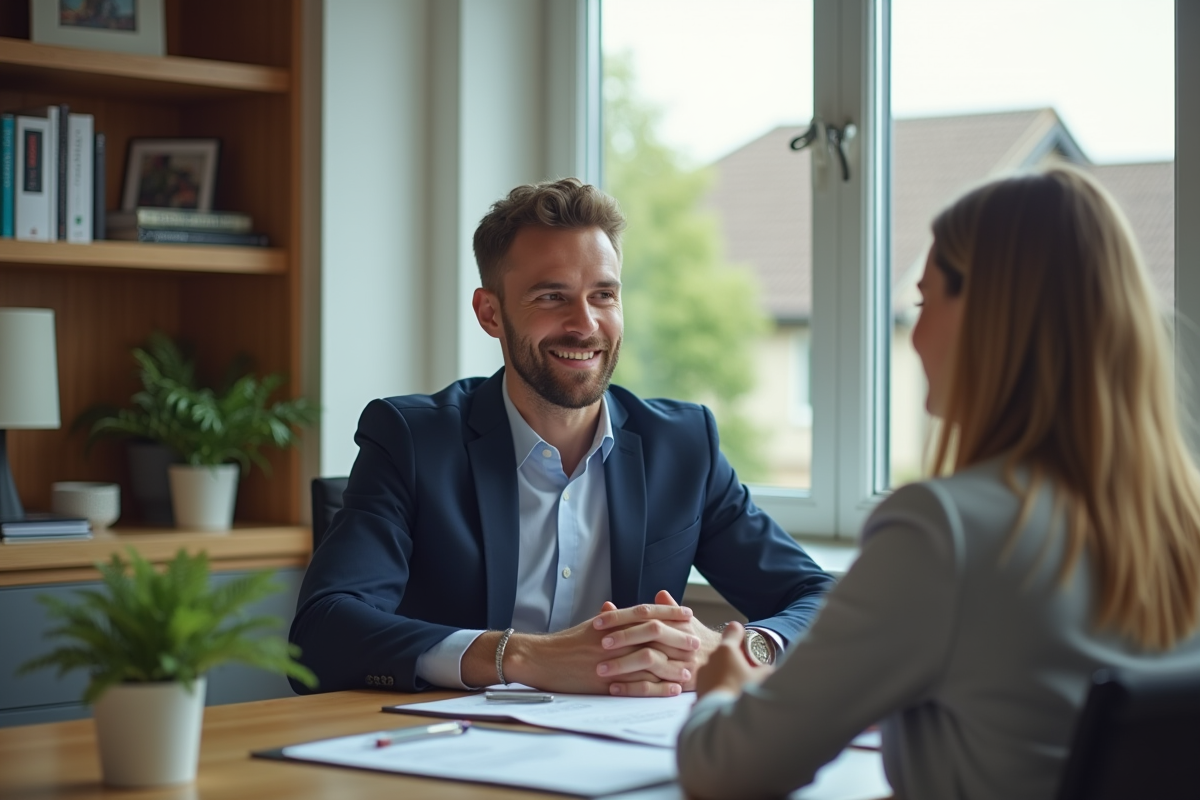 Jeune professionnel discutant avec conseiller en prêt immobilier