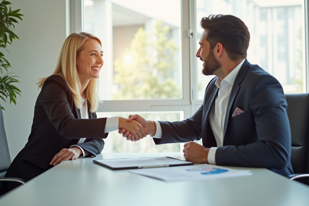 Jeune professionnel serrant la main d un conseiller financier