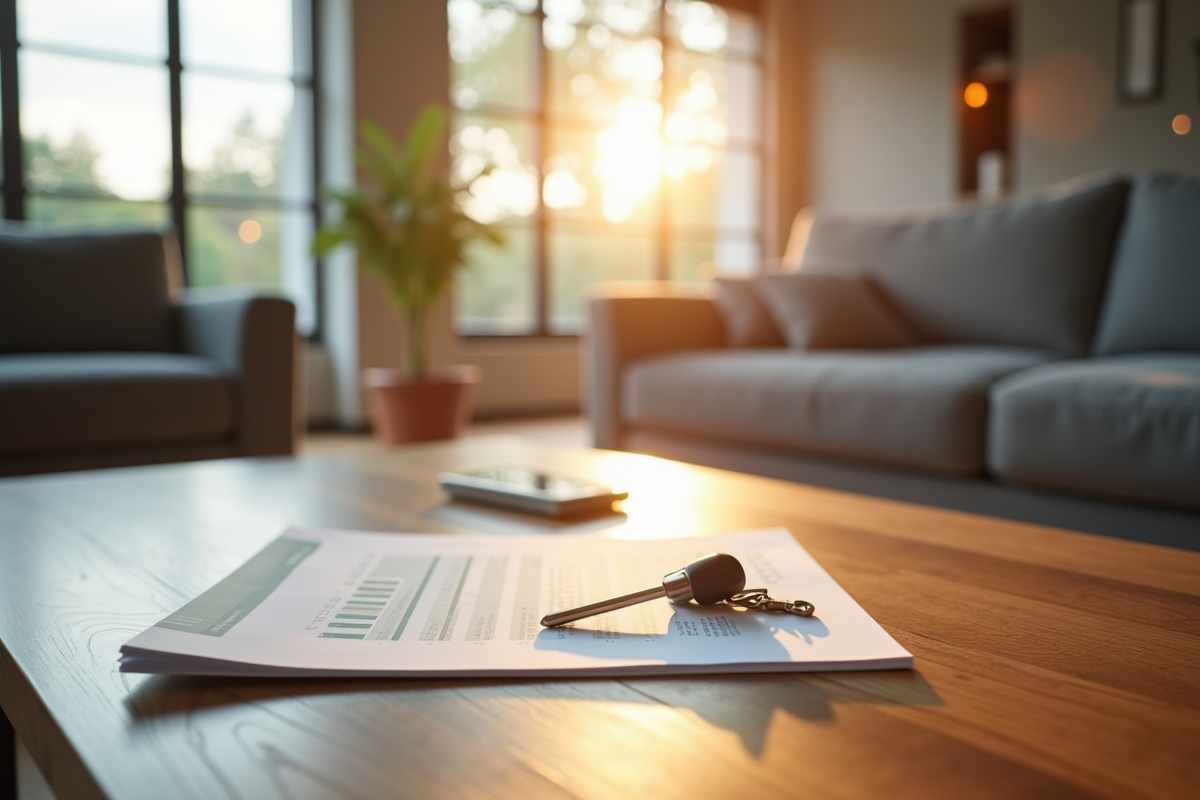 Salon lumineux avec clés et rapport immobilier sur table