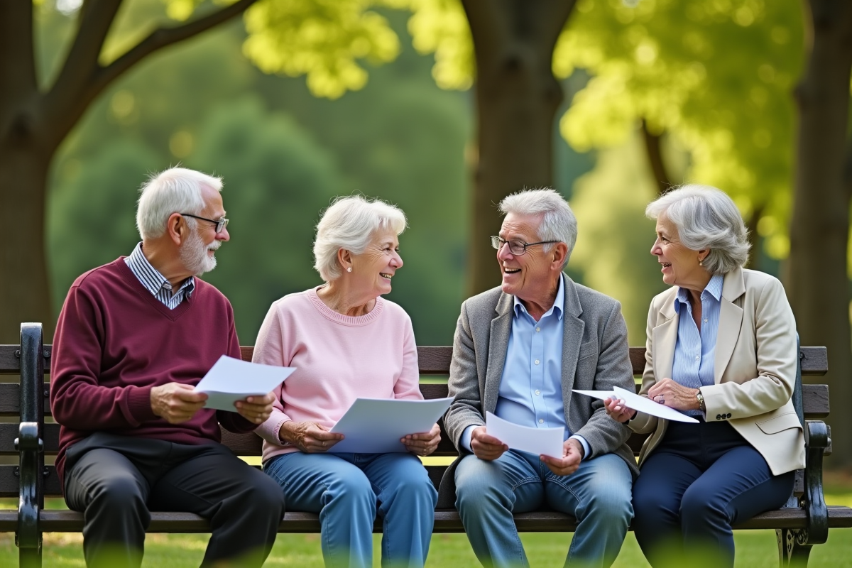 Groupe de seniors discutant sur un banc dans un parc