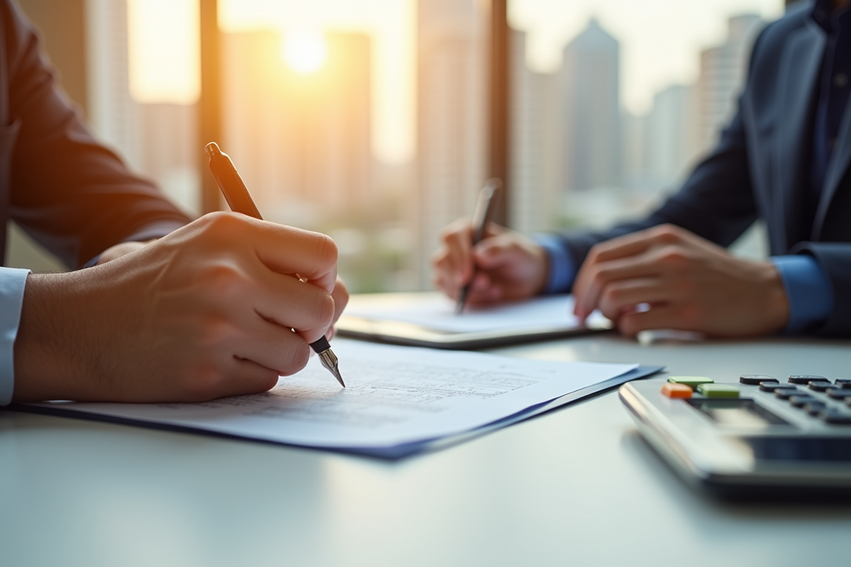 Gros plan sur des mains signant un contrat de prêt immobilier avec une clé et un smartphone sur la table