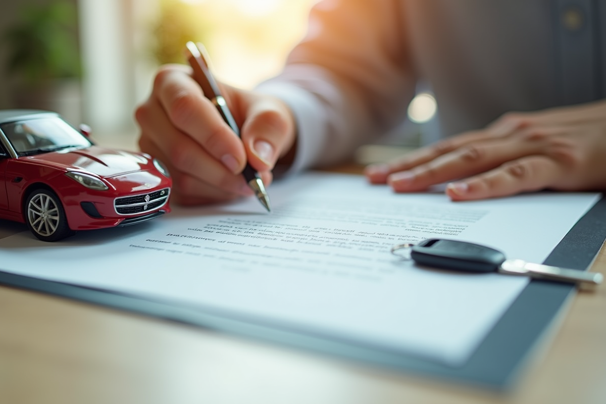 Main signant un contrat de financement automobile dans un bureau