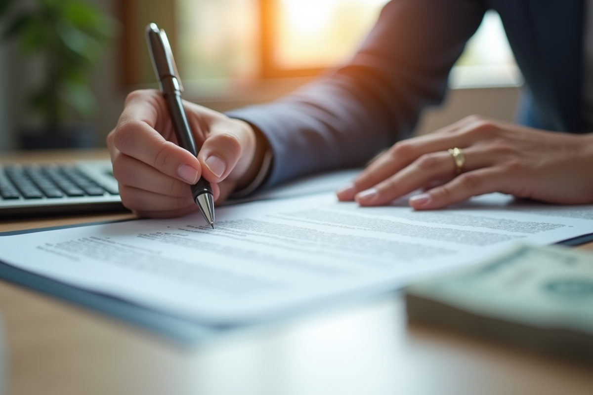 Main signant un contrat de prêt avec calculatrice et argent en arrière-plan