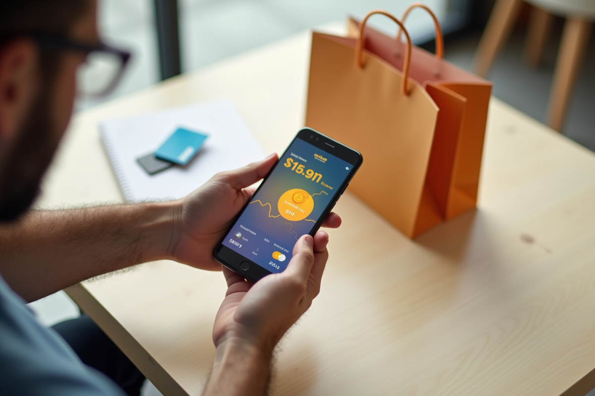 Smartphone affichant une application cashback avec des pièces virtuelles