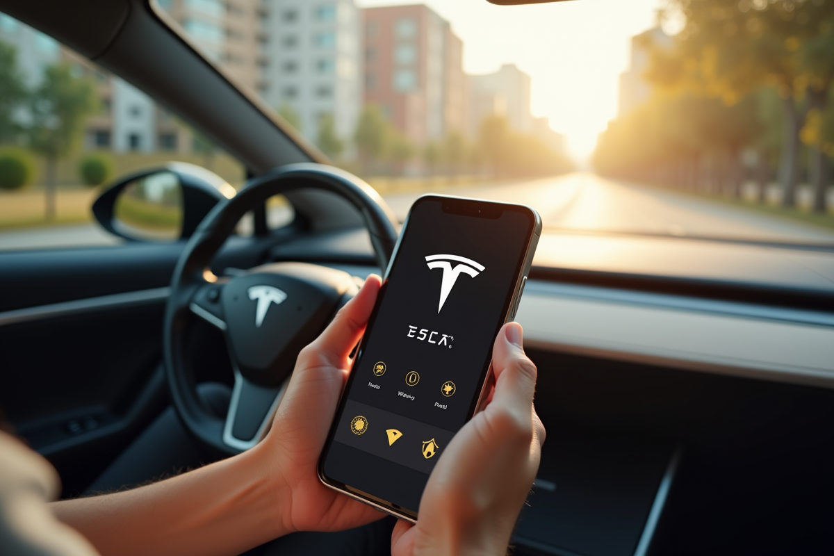 Main tenant un smartphone avec portefeuille crypto dans une Tesla