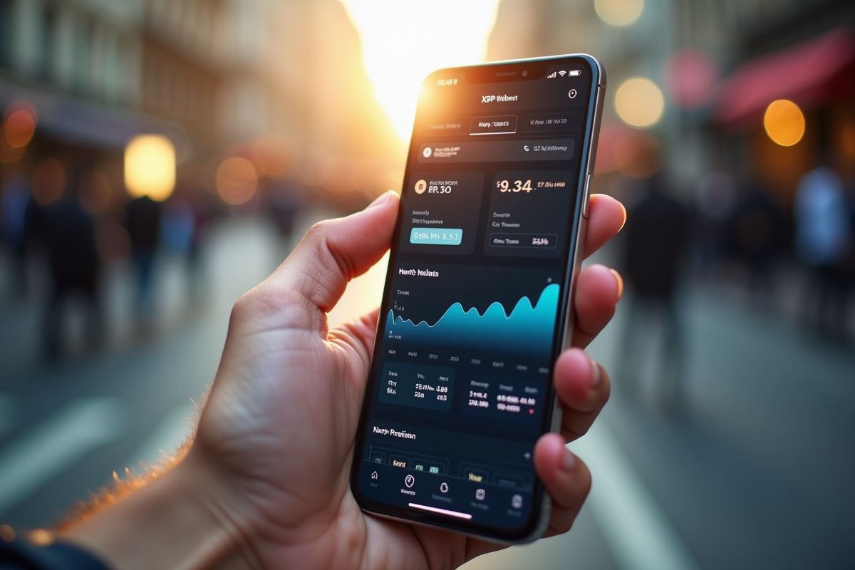 Smartphone affichant un portefeuille XRP avec graphique en ville
