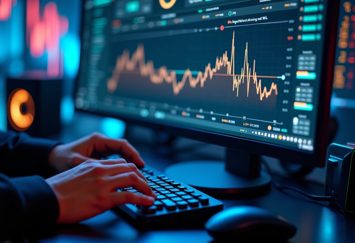 Écran montrant un tableau de bord de minage de cryptomonnaie avec mains tapant