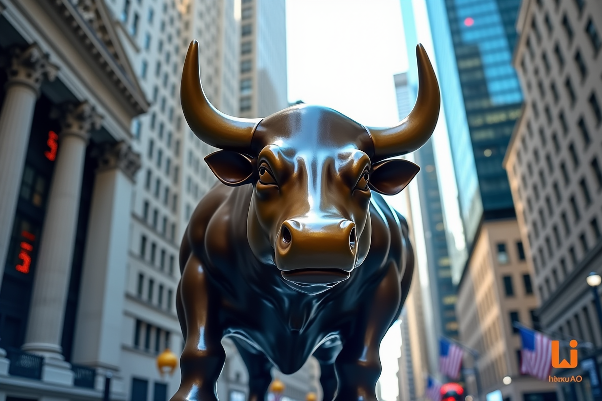 Statue du taureau de Wall Street avec graphique en fond