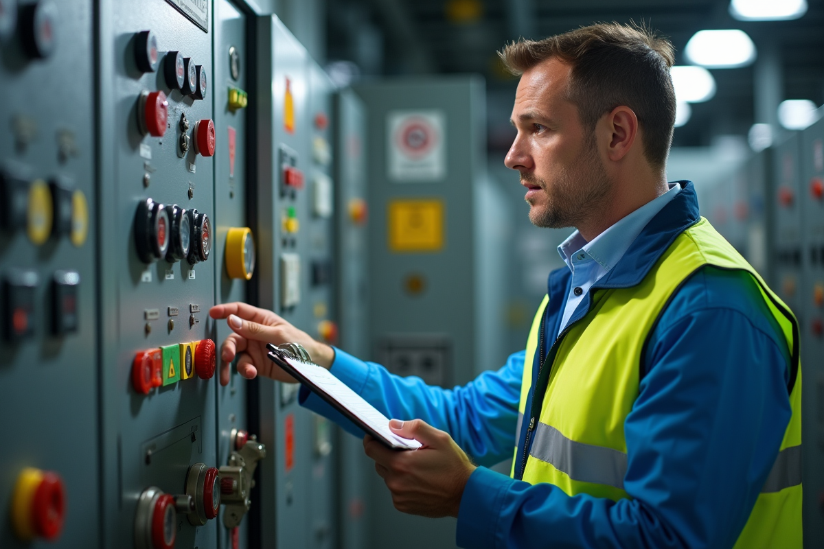 Technicien sécurité inspectant un panneau BTST en intérieur