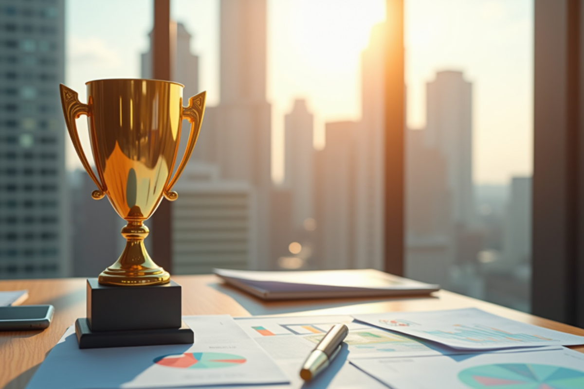 Trophée brillant sur un bureau avec graphiques et ville en arrière-plan