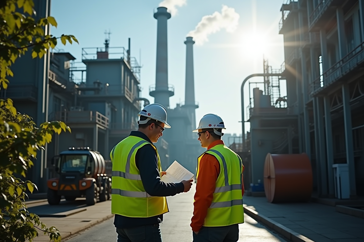 Gestionnaires dans une usine industrielle avec fumées et verdure en arrière-plan