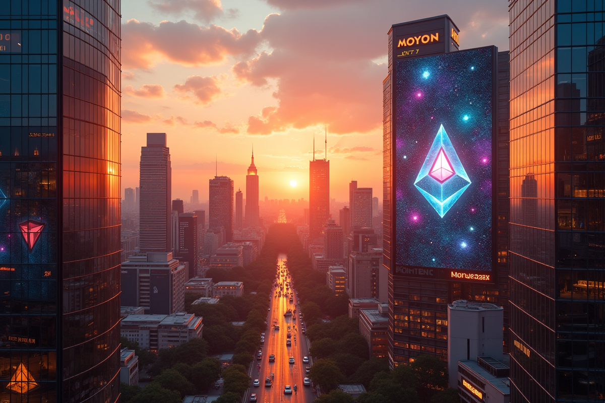Ville futuriste avec affichages de logos de cryptomonnaies